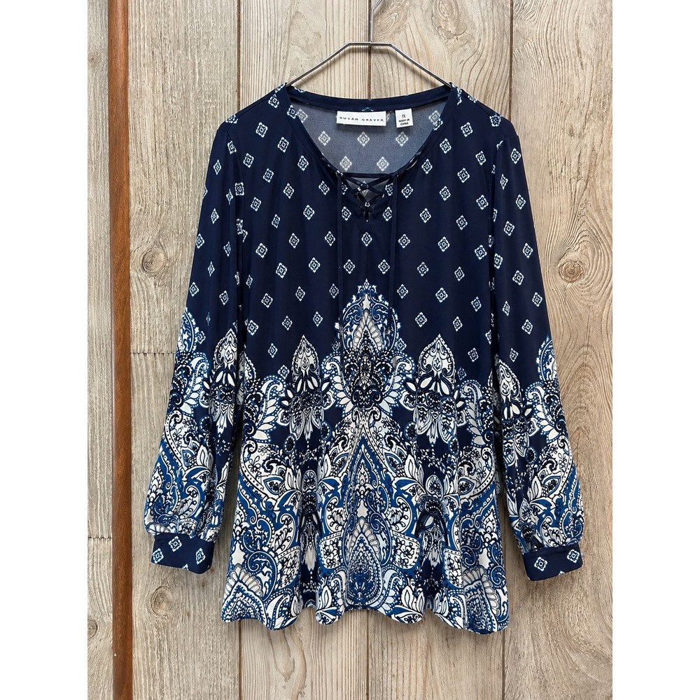 Susan Graver Navy Blue Paisley Lace Up V-Neck Tunic Top Plus Size 1X Boho Tunic